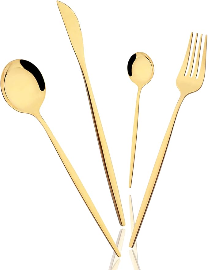 8 Piece Snplowum Flatware Set, 18/0 Stainless Steel Silverware For 2, Kitchen Wedding Gift Utensils For Couple Friend Home Daily Use, Travel Tableware Set, Mirror Gold