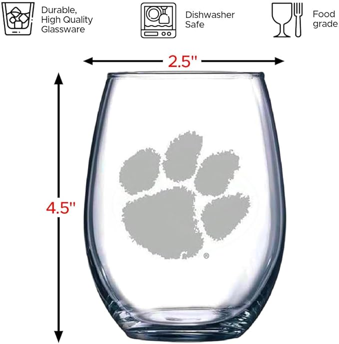 Clemson Tigers Etched Satin Frost Logo Wine or Beverage Glass Set of 2
