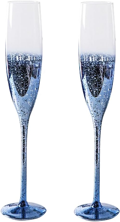 Blue Crystal Wine Glasses Set of 2 Champagne Flutes,Starry Sky Glass for Wedding and Champagne (2, Champagne Flute-Blue Starry Sky)