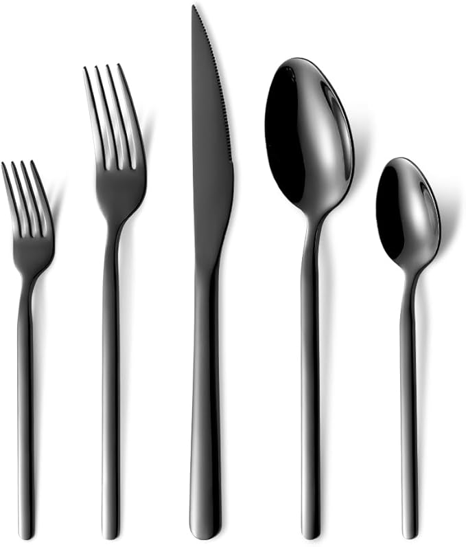 Black Silverware Set with Steak Knives, 20-Piece Flatware Set for 4, 18/10 Stainless Steel Cutlery for Home Kitchen and Restaurant