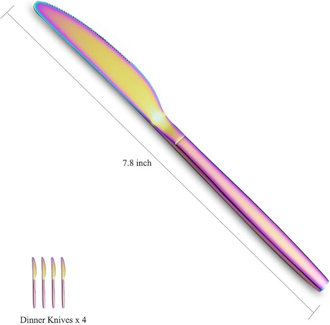Rainbow Dinner Knives 4 Pieces, Homquen Sturdy 9" Stainless Steel Modern Design Knife, Colorful Titanium Plating Knifes Set With Round Edge Dishwasher Safe