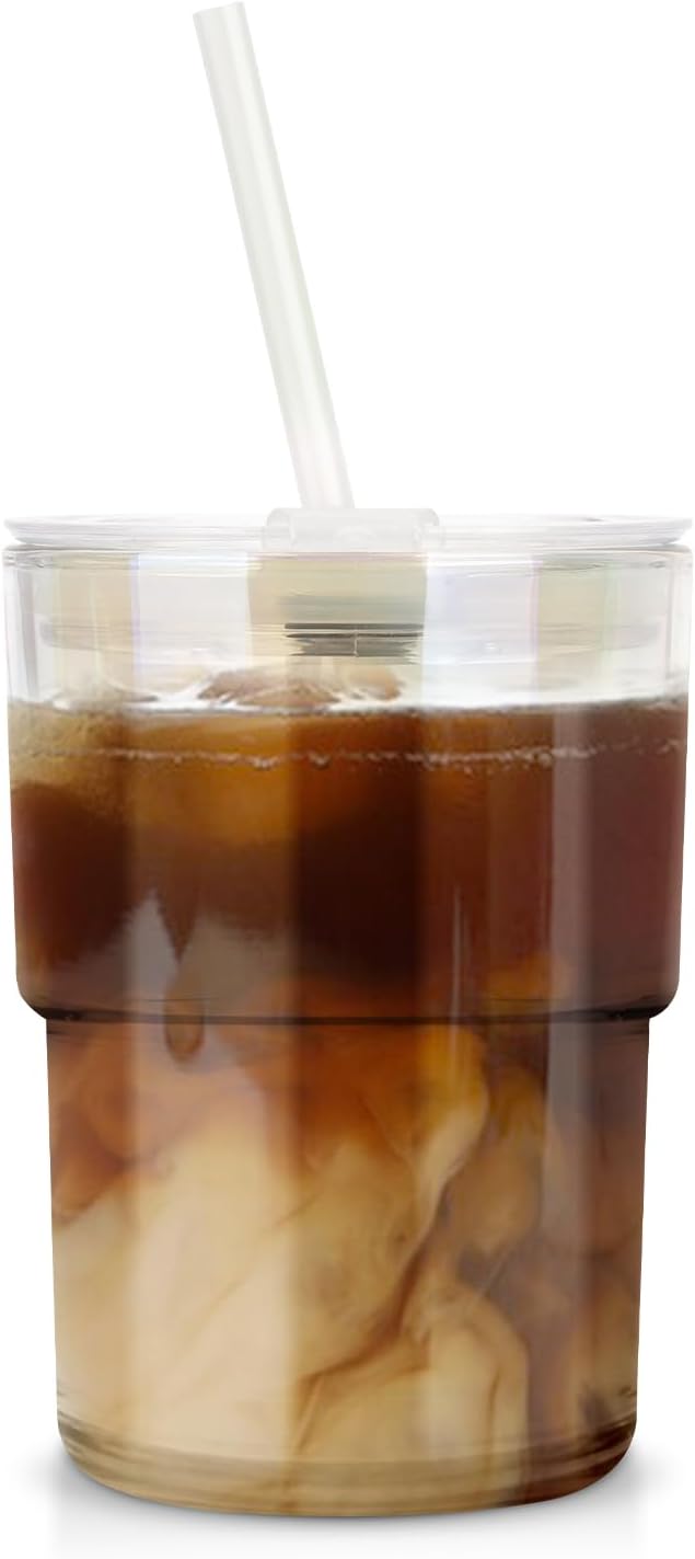 Luxfuel 13oz Tumbler Water Glass Cups with Straw and Lid, Reusable Iced Coffee Cups, Iced Tea, Sealed Carry-On Glass Tumbler for Travel, Home, Office, Party and Outdoor (Iridescent Shimmer 1 Pack)