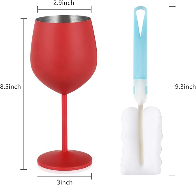 Lifecapido Stainless Steel Wine Glasses Set of 4, 18oz Stainless Steel Wine Goblets, Stemmed Metal Wine Glasses with Cup Brush for Party Office Wedding Anniversary, Great for Red White Wine (Red)