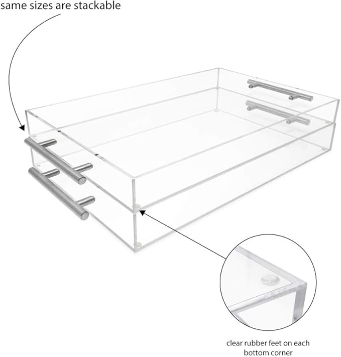 Isaac Jacobs Clear Acrylic Serving Tray (11x17) with Silver Metal Handles, Spill-Proof, Stackable Organizer, Food & Drinks Server, Indoors/Outdoors, Lucite Storage (11x17, Clear with Silver Handle)
