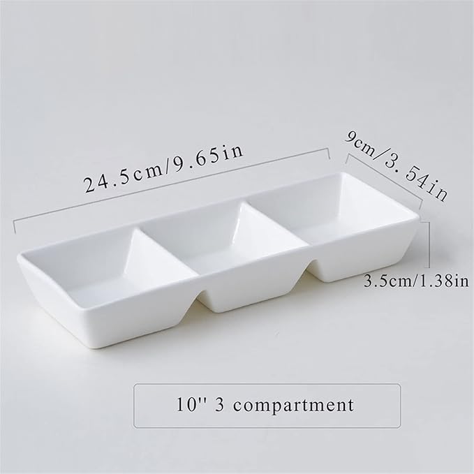 Sauce Dish White Ceramic Soy Sauce Dish 3 Compartment Appetizer Plate Tray Divided Dipping Sauce Dishes for Sushi Ketchup Appetizer Serving (9.65inch Dipping Bowls