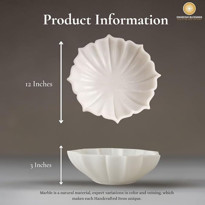 SWADESHI BLESSINGS HandCrafted Marble Lotus Bowl/Organic Modern Home Decor Bowl/Fruit Bowl/Vintage Ring Dish/Decorative Flower Dish/HouseWarming Gifts/Wedding Gifts/Urli (12 Inches)