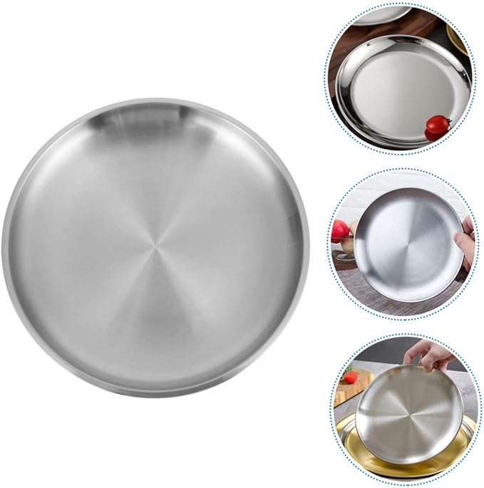 GLEAVI 1pc Thickened Round Plate Stainless Steel Serving Tray Fruit Tray Lid Non-Slip Design Modern Kitchen Accessory