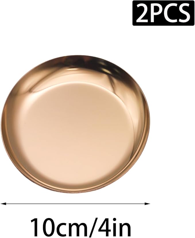 Pine & Linen 2 Pcs Rose Gold Jewelry Dish, 4 Inch Stainless Steel Trinket Tray Decorative Plate, Small Serving Tray for Home Decor/Decor Enthusiasts
