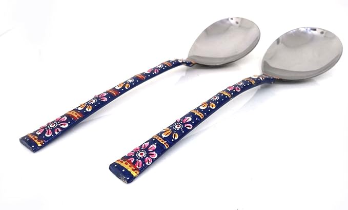 Rastogi Handicrafts Copper Bamboo Hand Painted Meena Work Dinnerware flatware serving spoon utensils Set Of Two (Blue)