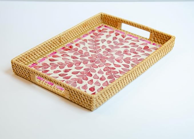 Magenta & Teal Decorative Rectangle Rattan Serving Tray 13x9 inch Mother of Pearl Inlay, Wicker Coffee Table Decor, Farmhouse (Pink Flower)