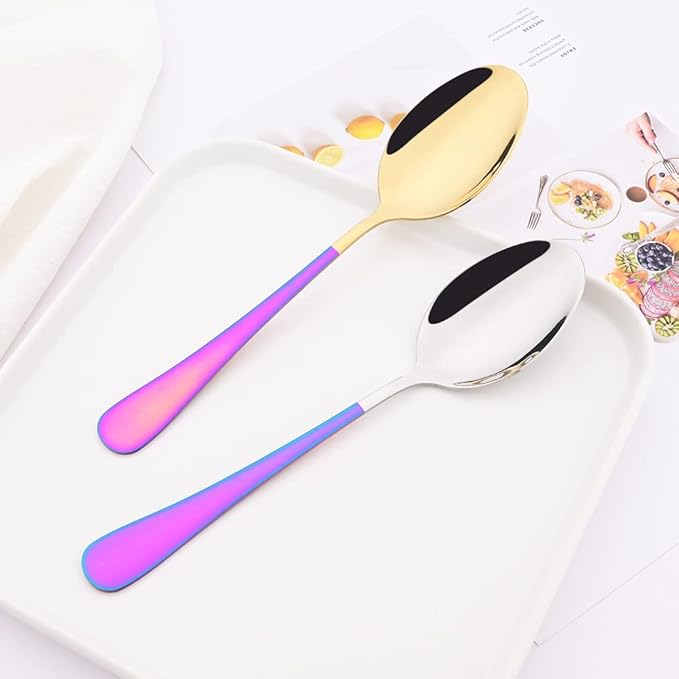6 Pieces Dinner Spoons Set - Stainless Steel Soup Spoons Cutlery Set - 8.2 Inch Table Spoons for Home Kitchen Restaurant - Mirror Finish - Dishwasher Safe (Gold and Rainbow)