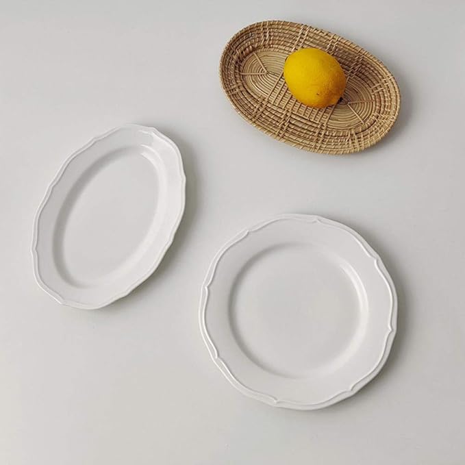 Retro lace plate Simple oval ceramic plate Salad plate Breakfast plate Dessert plate-Oval plate 10 inch/length 25cm