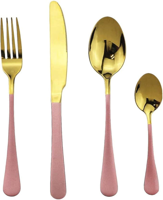 Gugrida Pink Handle Gold Silverware Set, Satin Finish 4 Pcs Stainless Steel Flatware Set, Tableware for Home and Restaurant,With Portable Collapsible Straw Dishwasher Safe, Utensil Set Service for 1