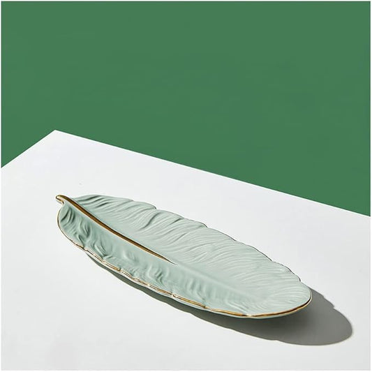 Kitchen Plates Ceramic Dining Plate Feather Shape Plate Suitable for Serving Plate Meat Steak Appetizer Plate Fish Plate 10 Inches Restaurant Plates(Green)
