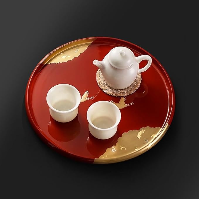 Wooden Tray Front Heavy Lacquer Resin Round Tray Japanese Handmade Crane Lacquer Tray Dry Tea Tray Tea Restaurant Dining Tray Serving Tray with Handles(A)