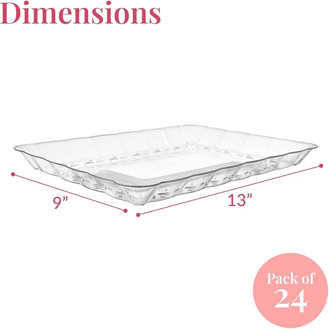 Prestee 24 Pack Plastic Serving Trays Set - 9 x 13 Clear Rectangular Disposable Platters for Parties - Durable Plastic Trays and Platters for Serving Food Party Snacks, Appetizers, and Desserts