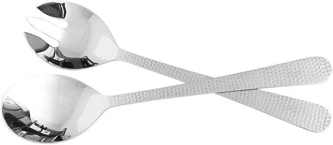 Salad Spoon and Fork Serving Set by Home Basics | 18/0 Stainless Steel with Hammered Finish Handles - 2-Piece Hostess Set for Entertaining | Mirror Finish