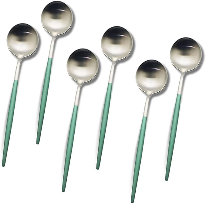 JASHII 6pcs Green&Silver Dessert Spoons Set, Matte 304 Stainless Steel Salad Spoon Set, Modern Design, Dishwasher Safe - 6.8-inch