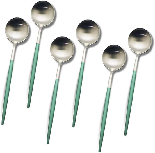 JASHII 6pcs Green&Silver Dessert Spoons Set, Matte 304 Stainless Steel Salad Spoon Set, Modern Design, Dishwasher Safe - 6.8-inch