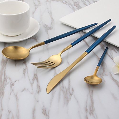 Lots 4pcs 304 Stainless Steel Tableware Dinner Spoon Fork Knife Flatware Serving Sets Spoons Forks Knives，Blue + Gold-4