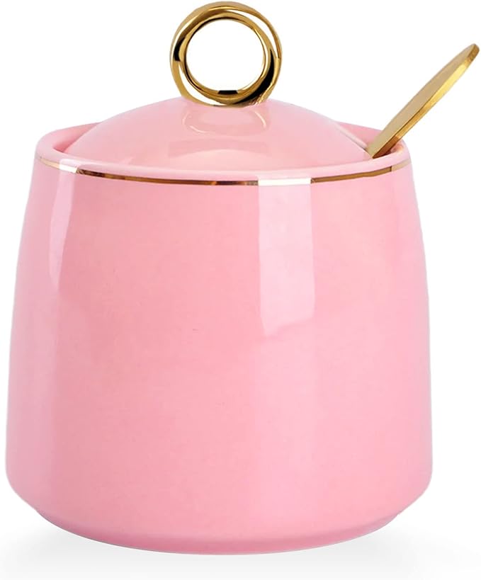 WHJY Ceramic Sugar Bowl with Lid and Spoon, Simple White Clear Porcelain Salt Bowl Salt Container, Modern Spice Box Seasoning Jar for Home and Kitchen Coffee Bar - Pink