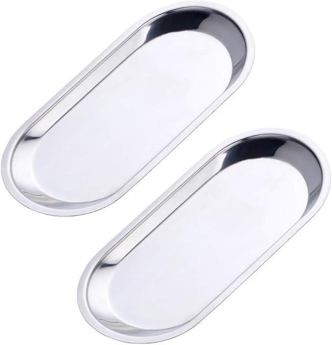 Buyer star Silver 2PCS 7.3inch Stainless Steel Oval Tray Fruit Trays Storage Tray Dish Plate Cosmetics Jewelry Decorative Organizer