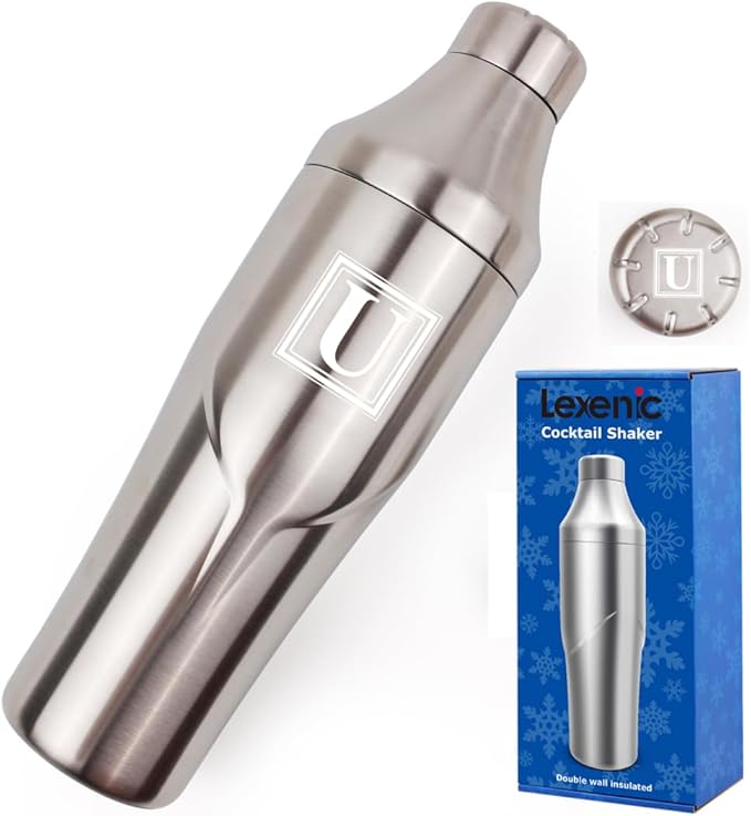 Lexenic 24oz Personalized Double Wall Cocktail Shaker - Monogramm Initials Martini Shaker-Insulated Keep Drinks Chilled -No Stuck Twist Lid,Built-in Strainer - Premium Stainless Steel Drink Shaker -U