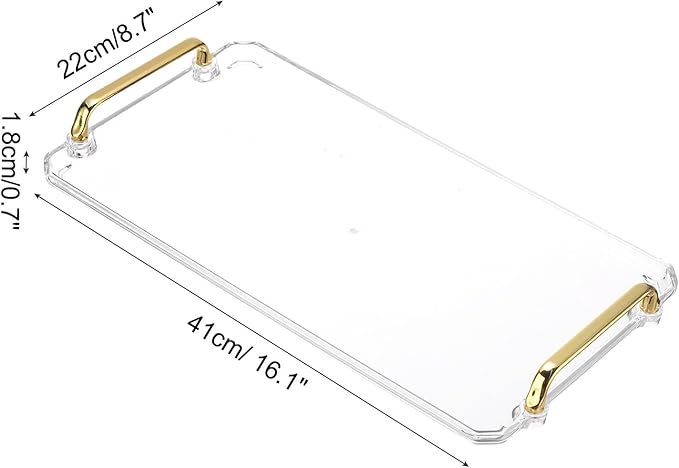 PATIKIL 16.1 x 8.7 Inches Plastic Serving Tray with Golden Handles, Reusable Tray Rectangular Party Platters for Dessert Coffee Tea Table, Living Room Kitchen Countertop, Transparent