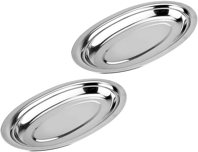 2Pcs Stainless Steel Oval Plates for Steaming Fish and Snacks Home Snack Dish Easy to Clean Restaurant Pastry Plate Silver Serving Tray