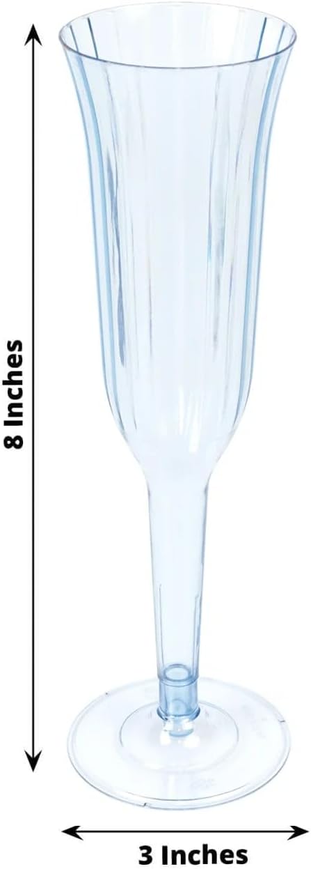 TCF Linen 12 Pack Transparent Dusty Blue Plastic Champagne Flutes, 6oz Flared Disposable Glasses Elegant Reusable Look Shatterproof Stemware for Weddings Parties Catering Toasts