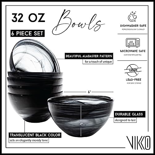 Vikko Soup Bowl, Set of 6 Black Alabaster Bowls, 6" Bowl with Marbelized, Swirl Design, Large 32 Ounce Capacity, Dishwasher Safe