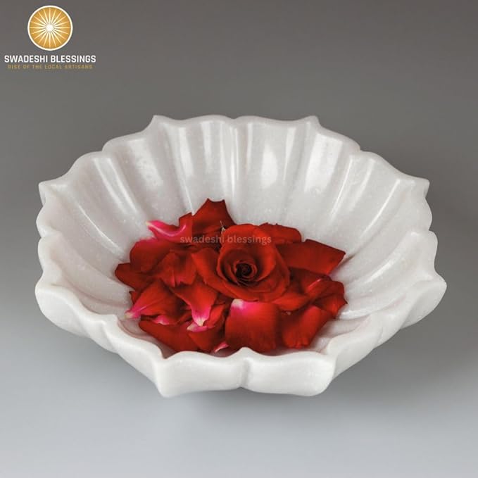 SWADESHI BLESSINGS HandCrafted Marble Lotus Bowl/Organic Modern Home Decor Bowl/Fruit Bowl/Vintage Ring Dish/Decorative Flower Dish/HouseWarming Gifts/Wedding Gifts/Urli (9 Inches)