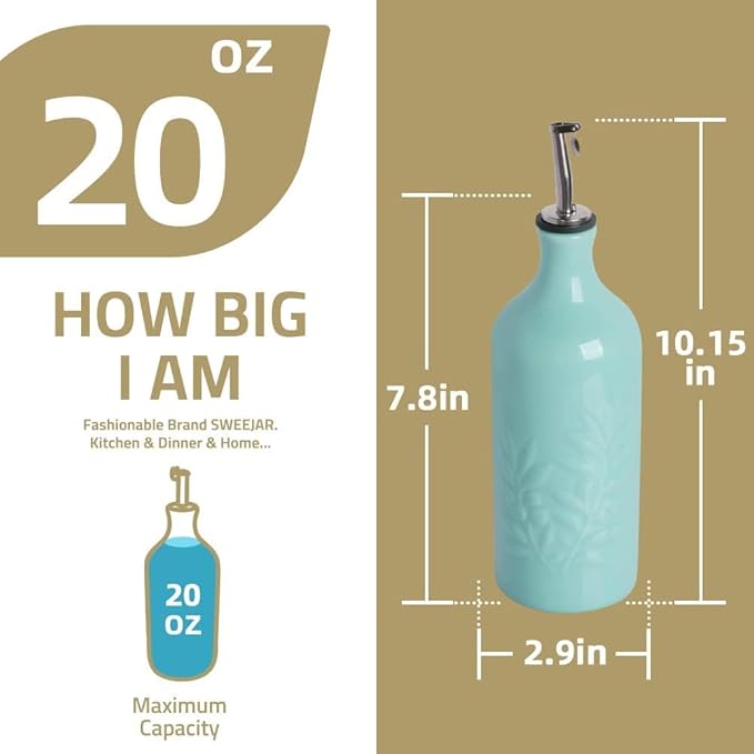 Sweejar Ceramic Olive Oil Dispenser Bottle, 20 Oz Relief Opaque Oil Cruet Protects To Reduce Oxidation, Suitable for Storage Vinegar, Soy Sauce,Liquids,Set of 2 (WhiteFogblue)