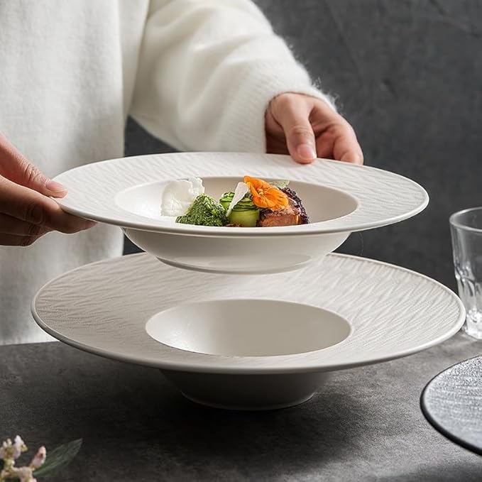 Dinner Plates 9.75-inch White And Black Straw Hat Plate Appetizer Household Deep Soup Ceramic Western Salad Pasta Japanese Kitchen Salad Bowl(B)