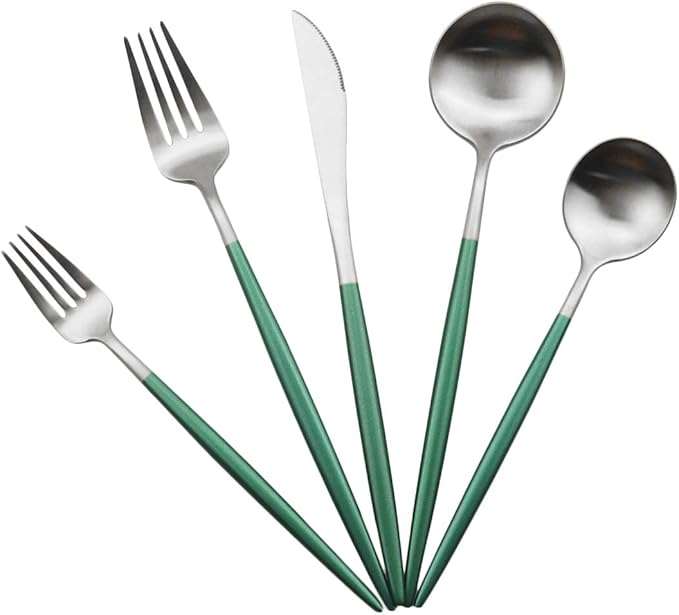 Gugrida Luxury Flatware, Royal 20 Piece Matte White Handle 18/10 Stainless Steel Tableware Sets for 4 Including Forks Spoons Knives, Camping Silverware Travel Utensils Set Cutlery (Green Silver)