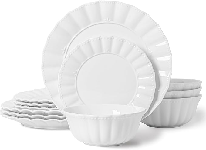 HOMBENE Plates and Bowls Sets, 12 Piece Dinnerware Sets Bone China, Porcelain Dinner Set with Cereal Bowls, Ceramic Soup Bowls, for Pasta, Salad, Gift Idea, Wavy Pattern