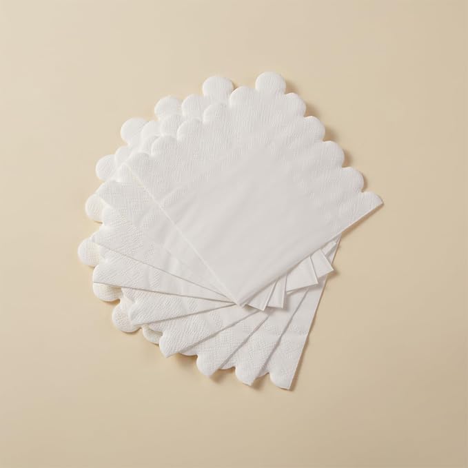 200 Pack Cocktail Napkin 2-Ply Scalloped Edged Dessert Napkins Folded 5 x 5 Inches Disposable Napkins for Dinner Wedding Birthday Party Bridal Anniversary Reception Event (White)