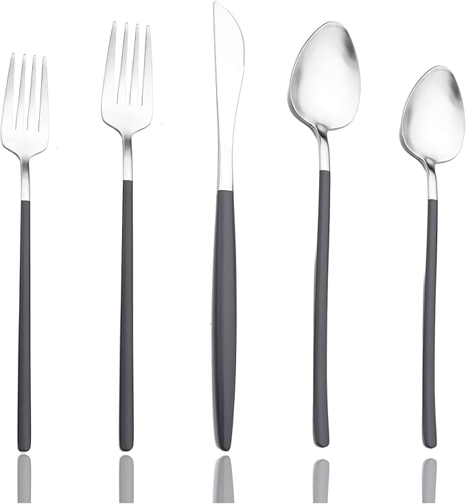 JASHII Slim Handle Silverware Set 20 Pieces, 304 Stainless Steel Colorful Flatware Set, Titanium Plating Cutlery Set, Utensil Sets for Home Dinner Service for 4, Dishwasher Safe - Dark Grey&Silver