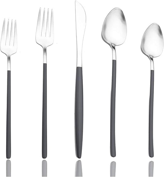JASHII Slim Handle Silverware Set 20 Pieces, 304 Stainless Steel Colorful Flatware Set, Titanium Plating Cutlery Set, Utensil Sets for Home Dinner Service for 4, Dishwasher Safe - Dark Grey&Silver