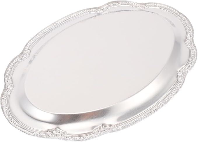 Stainless Steel Oval Platter, Silver Serving Tray, Floral Engraved Decorative Metal Plates Appetizer Platter Mirror Trays for Wedding Birthday Party Snack Fruit Cake (28CM)