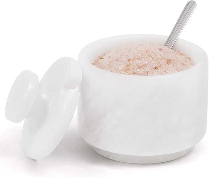 MARBLOUS KRAFTS Marble Salt Cellar with Lid & Spoon 3' White Small Flaky Salt Container, Seasoning Jar, Spice Storage Countertop, Ideal For Salt Box, Sugar Jar Kitchen Décor