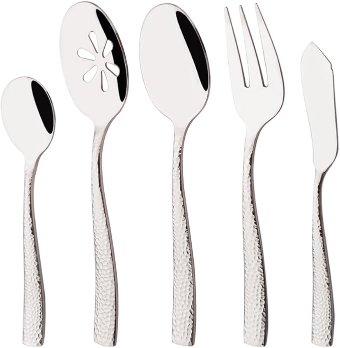 Serving Utensils Set, 5-Piece 18/8 Stainless Steel Hostess Serving Set, Elegant Hammered Serving Utensils for Home Restaurant and Buffet Catering, Heavy and Mirror Polished, Silver