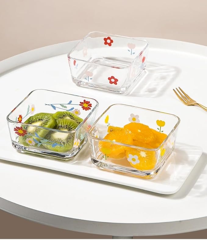 Ivymei 2 Pack Small Dessert Bowl Floral Candy Bowl Dish,Mini Square Glass Bowl for Candy Snack Yourt,Icecream,Dipping,Side Dishes,Meal prep(red)