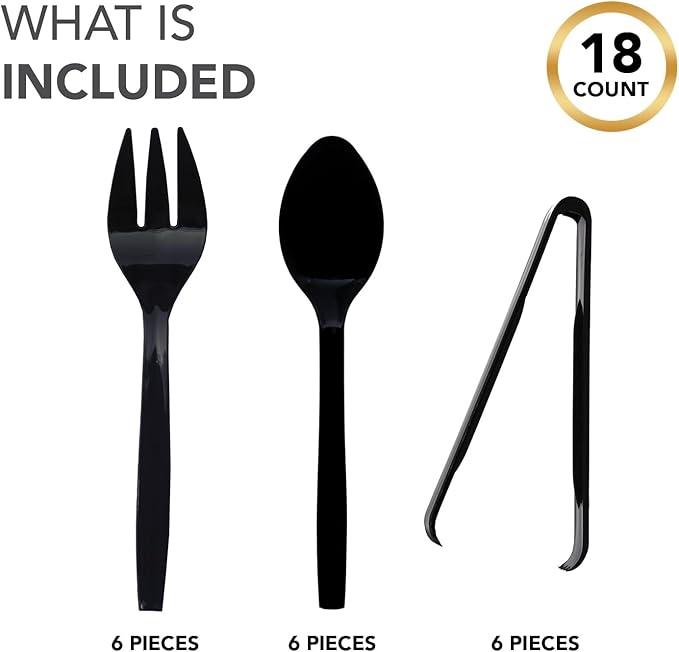 Party Essentials Plastic Serving Utensils for Party Buffet Kit, Black, Spoons/Forks/Tongs, 18-Piece