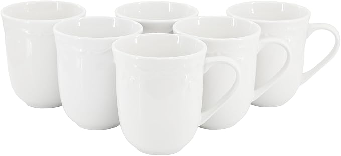 Elama Henryi 6 Piece Embossed Rim Detail Porcelain White 12 Ounce Mug Set, Tableware Set, Serveware, Coffee Mugs (6 Pc Mug)