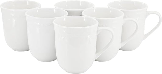 Elama Henryi 6 Piece Embossed Rim Detail Porcelain White 12 Ounce Mug Set, Tableware Set, Serveware, Coffee Mugs (6 Pc Mug)