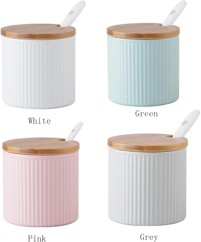 300ml Ceramic Sugar Bowl,Porcelain Salt Bowl Condiment Jar Spice Container with Bamboo Lids Porcelain Spoon,Spice Jar Seasoning Condiment Pot for Home Kitchen (Green)