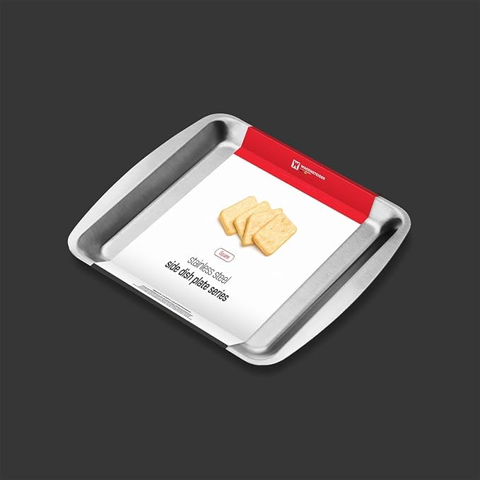 SUS304 Stainless Steel Serving Platters, Rectangle Metal Dinner Plates with Handles, Decorative Tray, Cheese Board, Compact Size for Appetizer or Side Dishes (9.25 x 8.27 inches)