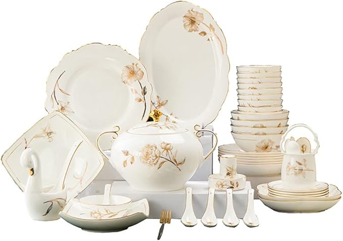 Household Ceramic Bowl and Plate Set, Bone Ceramic Bowl and Plate, 60 Pieces of Tableware