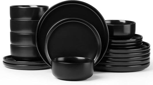 Herogo 18 Pieces Stoneware Dinnerware Sets Service for 6, Dinner Plates and Bowls Sets, Double Reactive Glaze Dishes Set for Kitchen, Scratch Resistant, Microwave & Dishwasher Safe, Matte Black